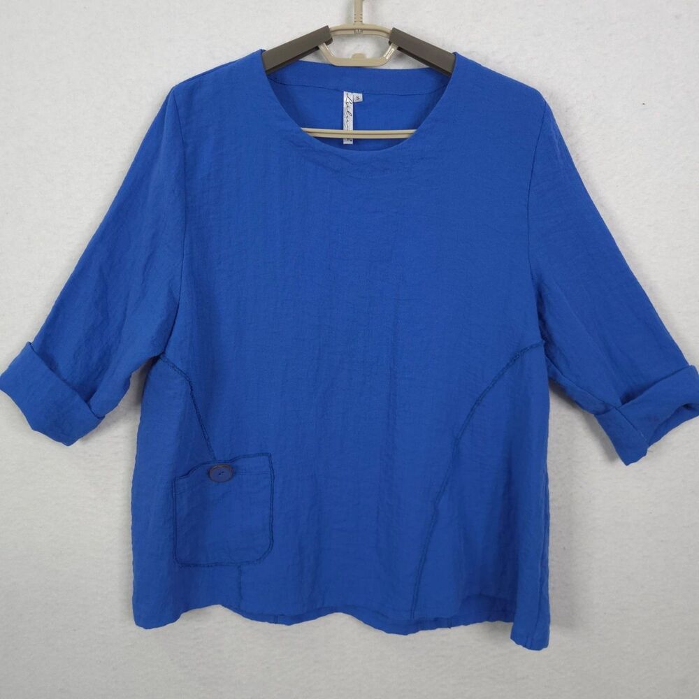 Lulu B Top Shirt Womens Blue Small Lagenlook Capsule Minimalist Preppy Pullover